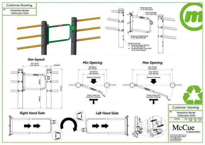 McCue Pedestrian Barrier Telescopic Gate - Customer Drawing